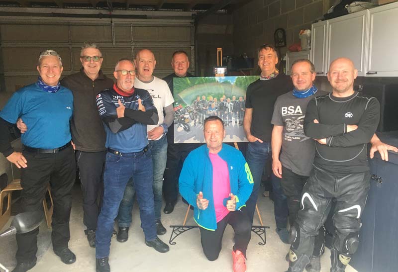 Group Shot at the reveal for a Tribute to Brent - A portrait of Brent and his Biking Friends by Artist Mark Ward at ArtyMarks Art