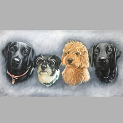 Portrait of four dogs, Misha, Flo, Peggy and Salem by Artist Mark Ward at ArtyMarks Art