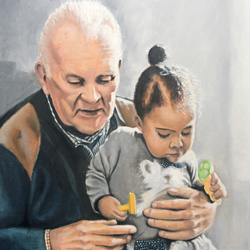 Nova and her grandad. A portrait of Grandad and Grandaughter. by Artist Mark Ward at Artymarks Art