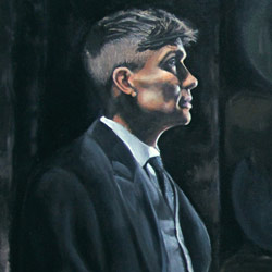 When Tommy Met Alfie! A Portrait of Tommy (Cillian Murphy) and Alfie (Tom Hardy) from a still of the Peaky Blinders TV Series. Oil on Canvas, 100cm x 69cm x 4cm, by Artist Mark Ward at ArtyMarks art